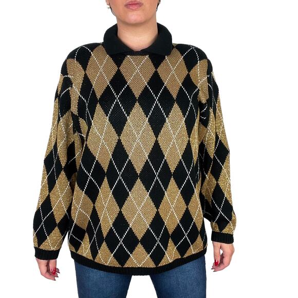 Alfred Dunner Vintage Black and Gold Argyle Collared Sweater Size Medium Preppy - Picture 1 of 7